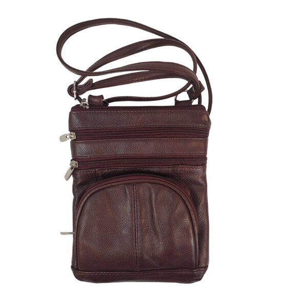 Crossbody Wristlet Bag Purse Multiple Pockets Zip Closure Maroon Faux Leather - Picture 1 of 6